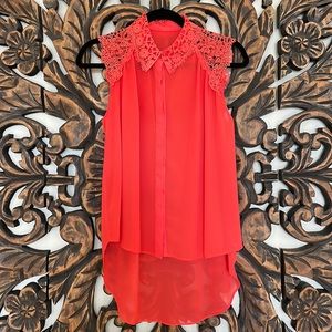 Sleeveless Blouse - Rich Coral - Lace Trim - Size XS/S - Colorful Flowing Top